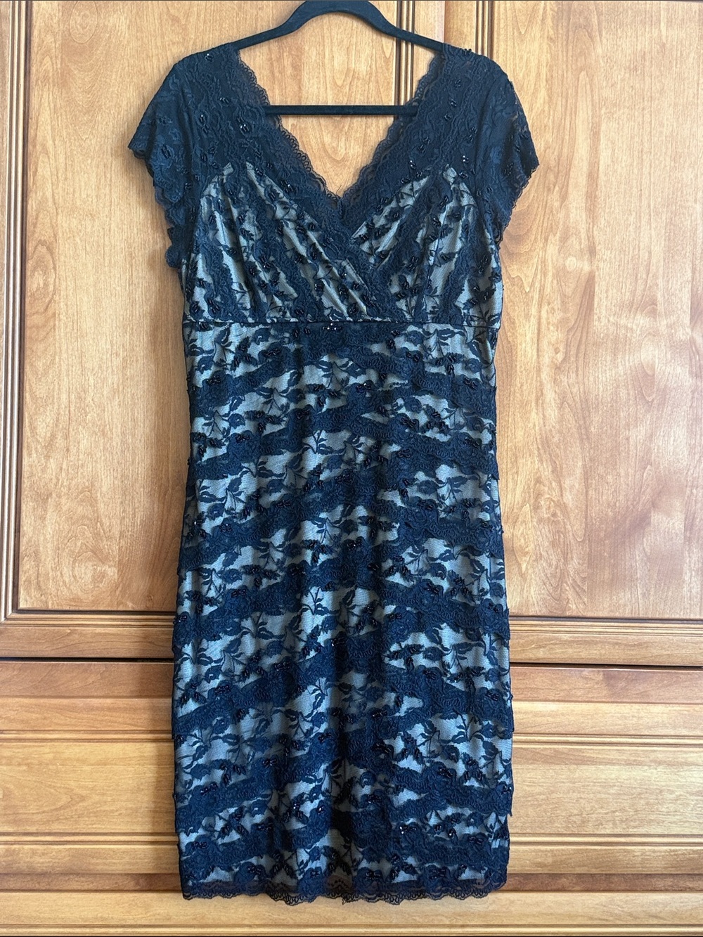 MARINA Black Beaded Lace V-Neck Midi Dress